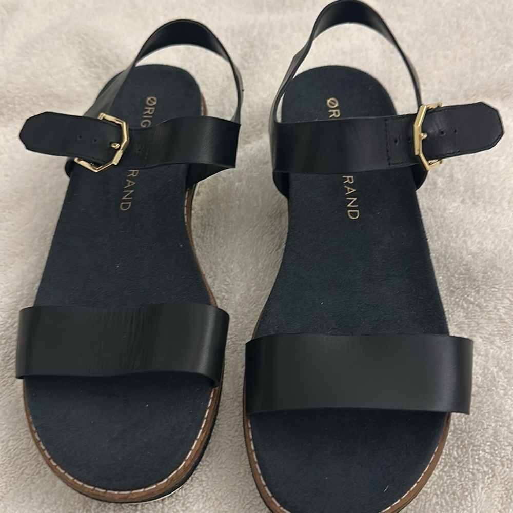 NWOT: Black Leather Sandals with Gold Buckle